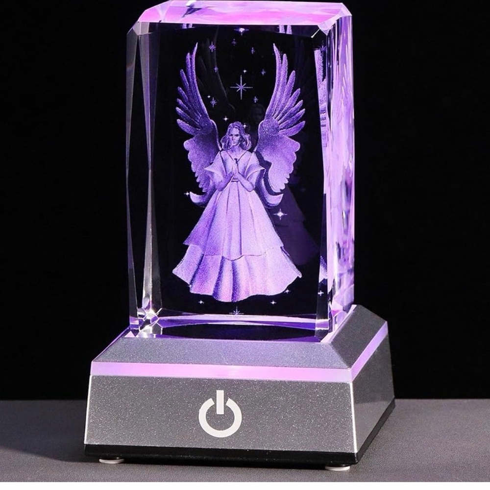 3D Crystal Guardian Angel Figurine w/Colorful Light Base, Laser Engraved Glass